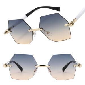 Stylish Gold and White Geometric Sunglasses Womens Bold Rimless Hexagon Gradient